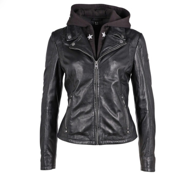 mauritius Jackets & Blazers - MAURITIUS DUFFI Moto Leather Jacket with Star Hoodie Size EUSmall/ US6